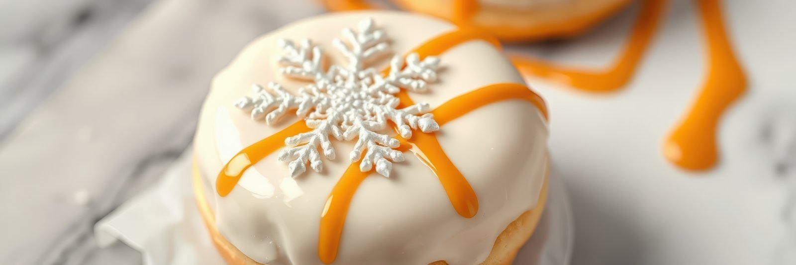 Frosted dessert with caramel drizzle and snowflake decoration on marble surface